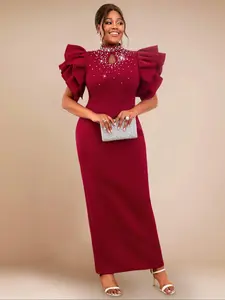【Plus Size】 Glitter Sequin Decor Puff Sleeve Evening Dress, Evening Party Gown, Elegant Sweetheart Neck Long Sleeve Maxi Dress for Party & Banquet, Women's Clothes for All Seasons, Womenswear