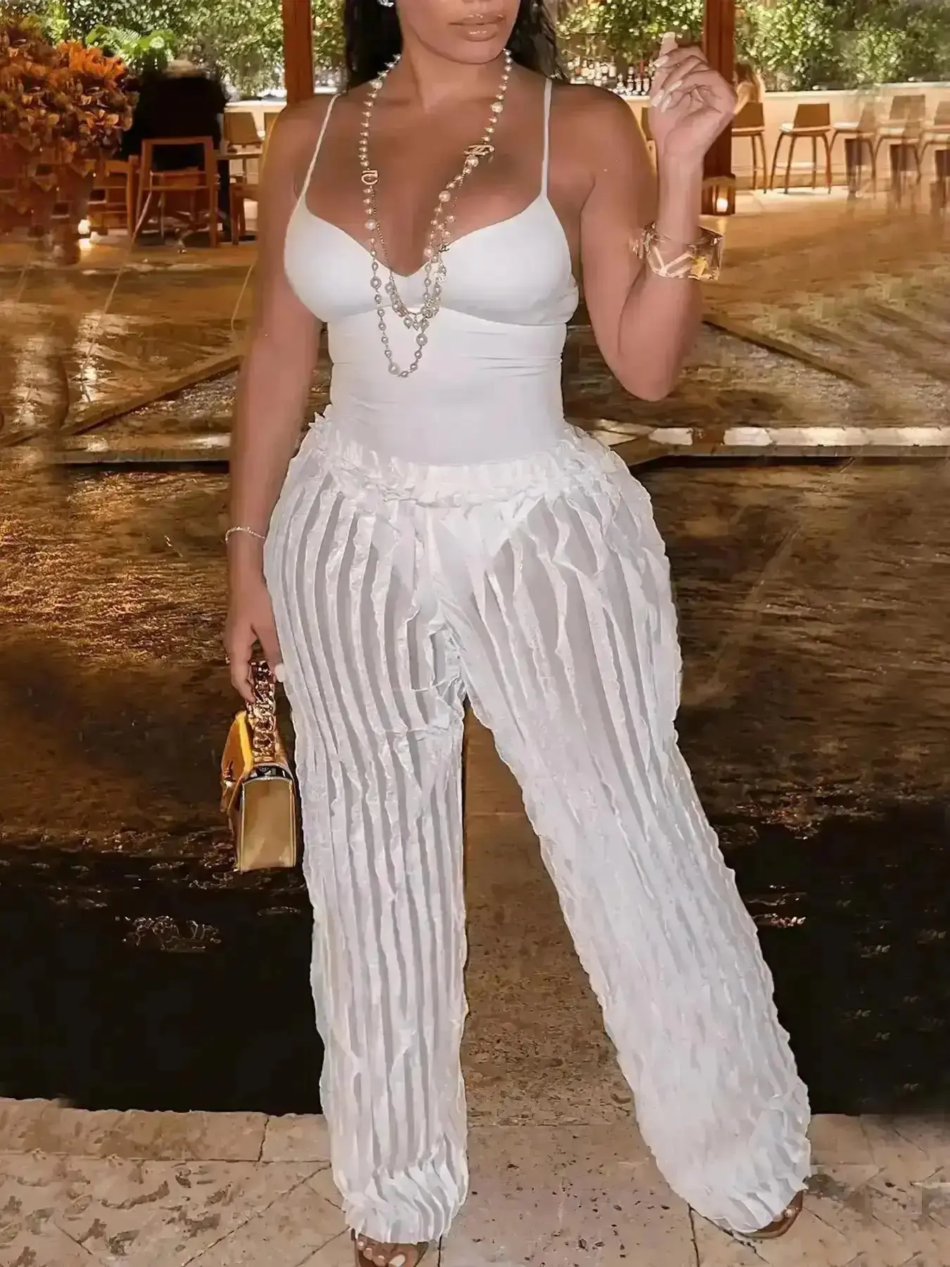 2026 Women's 2 Counts Solid Backless Cami Bodysuit & Elastic Waist Frilled Pants Set Complete Look, Fashion Casual V Neck Spaghetti Strap Straight Leg Trousers for Daily Wear, Ladies Outfits Clothes Set for All
