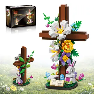 TOKMOC Jesus Cross Flower Building Set,Easter Cross Bouquet Rabbit Building Blocks,Religious Cross Collectibles for Easter Christmas Christian Gifts, for Aged 12 And Above,694 pieces