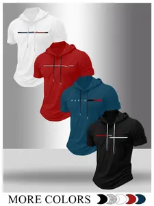 Men's 4-Pack Paris Stripe Hooded T-Shirts, Minimalist Color Block Short Sleeve Hoodies, Curved Hem Casual Tops for Daily Wear, Streetwear #tiktokmademebuyit