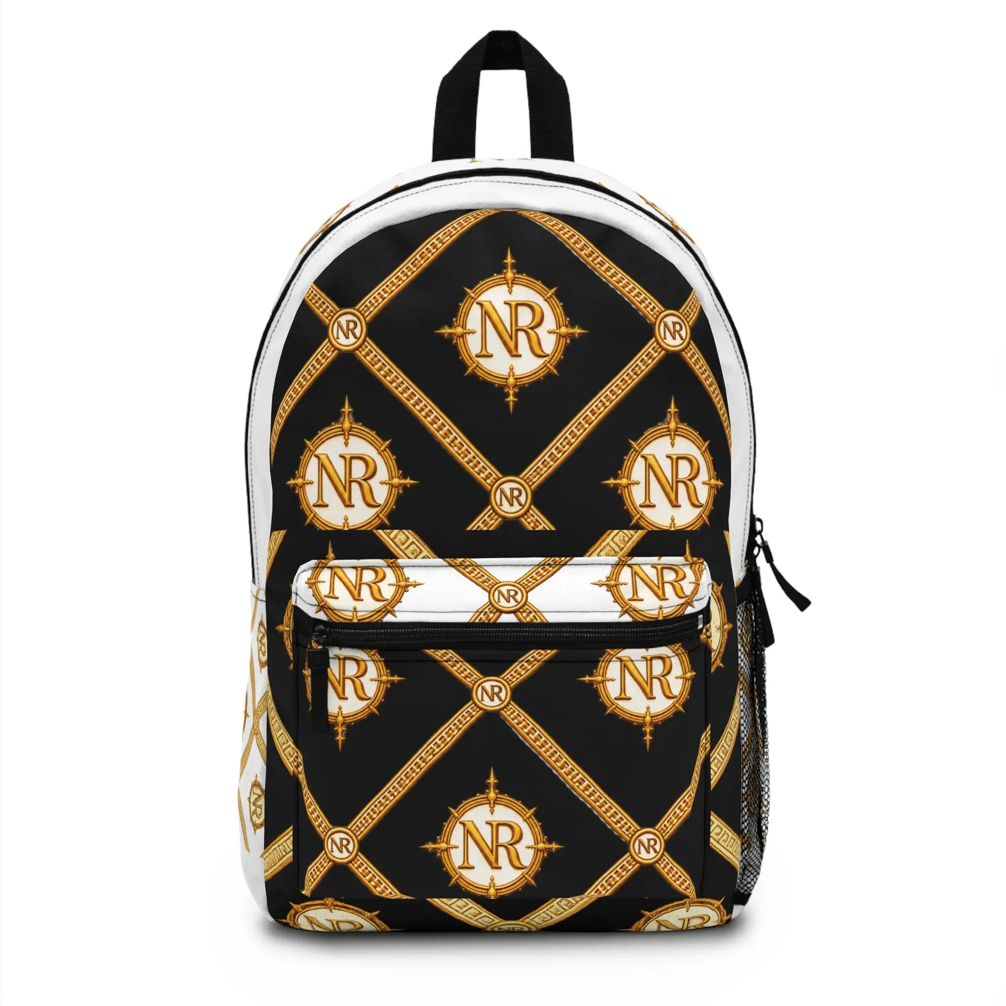 Unisex NR Monogram Backpack - Vintage-Luxe Black & Gold Nautical Design, Polyester Material, Padded Back, Zipper Closure, for Daily Use
