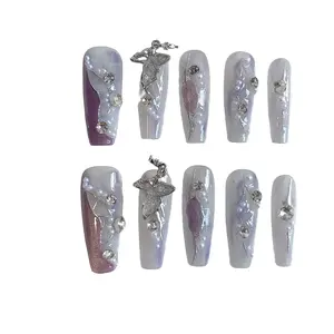 Handmade Press on Nails Set, Beautiful Fake Nail Kit, Metal Butterfly Accessories, Valentine's Day Gifts for Girls & Ladies