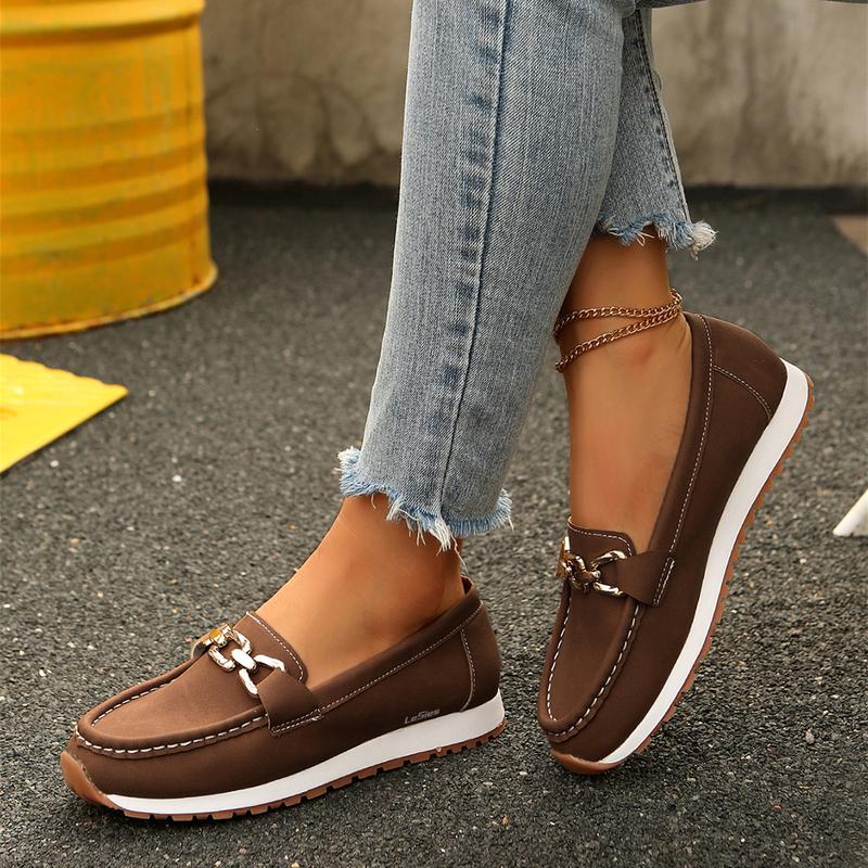 Women's Loafers Shoes with Chain, Round Retro Toe Comfortable Slip On Work