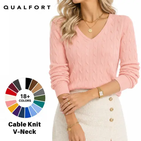 QUALFORT Women's 100% Cotton Chic Cable-Knit Long Sleeve Sweater, Breathable Crew Neck Pullover, Long Sleeve Tops Women for Work Business Casual Office Wear (Spring & Fall)
