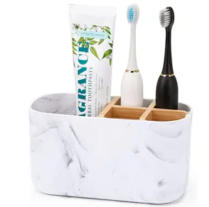 Toothbrush Holders for Bathrooms, 5 Slots Bamboo Toothbrush Holder Kids Electric Toothbrush Holder and Toothpaste Holder for Bathroom Countertop Accessories Storage, Marble Toothbrush Organizer