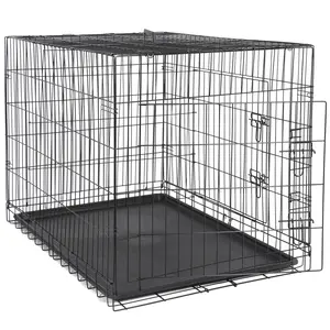 SuperDeal Pets Durable 42" Folding Metal Dog Crate: Kennel with Tray Pan and 2 Doors, Black for Home Use