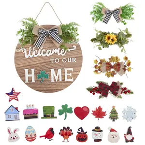 Interchangeable Welcome Home Sign, Round Wooden Door Hanger with Seasonal Holiday Decorations, Rustic Farmhouse Front Porch Decor for All Seasons, Housewarming Gift