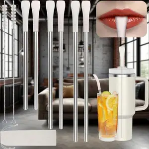 Stainless Steel Drinking Straws 6-Pack, Reusable Wrinkle-Free Metal Straws with Cleaning Brush and Pouch, Long Flat Wide Straws for 30 oz 40 oz Tumblers, Dishwasher Safe Rust-Proof Straws for Smooth Lip Comfort