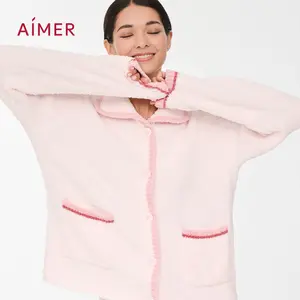 AIMER Christmas Pajamas Set for Women Fluffy Plush Long Sleeve Sleepwear Soft Cozy Warm Fabric Cute Relaxed Fit with Pockets Skin Friendly Lounge Nightwear Fall Winter Daily Wear Womenswear Pink and White Matching Loungewear TikTokShopHolidayHaul Soft