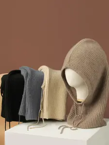 Unisex 100% Wool Balaclava Hat, Fall & Winter Warm Plain Drawstring Knit Cap, Outdoor Travel Neck Gaiter Ear Protection
