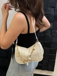 Women's Floral Crochet Beach Bag with Accessories, Fashionable Casual Satchel Shoulder Bag for Summer Use, Plain Pattern Design