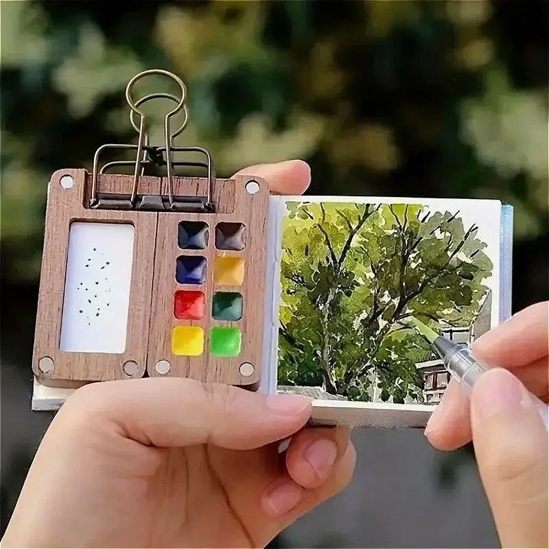 Mini Travel Watercolor Palette Set, 5 Counts/set 8/15-Portable Wooden Watercolor Paint Box with Sketchbook & Color Pigments & Refillable Water Brush &