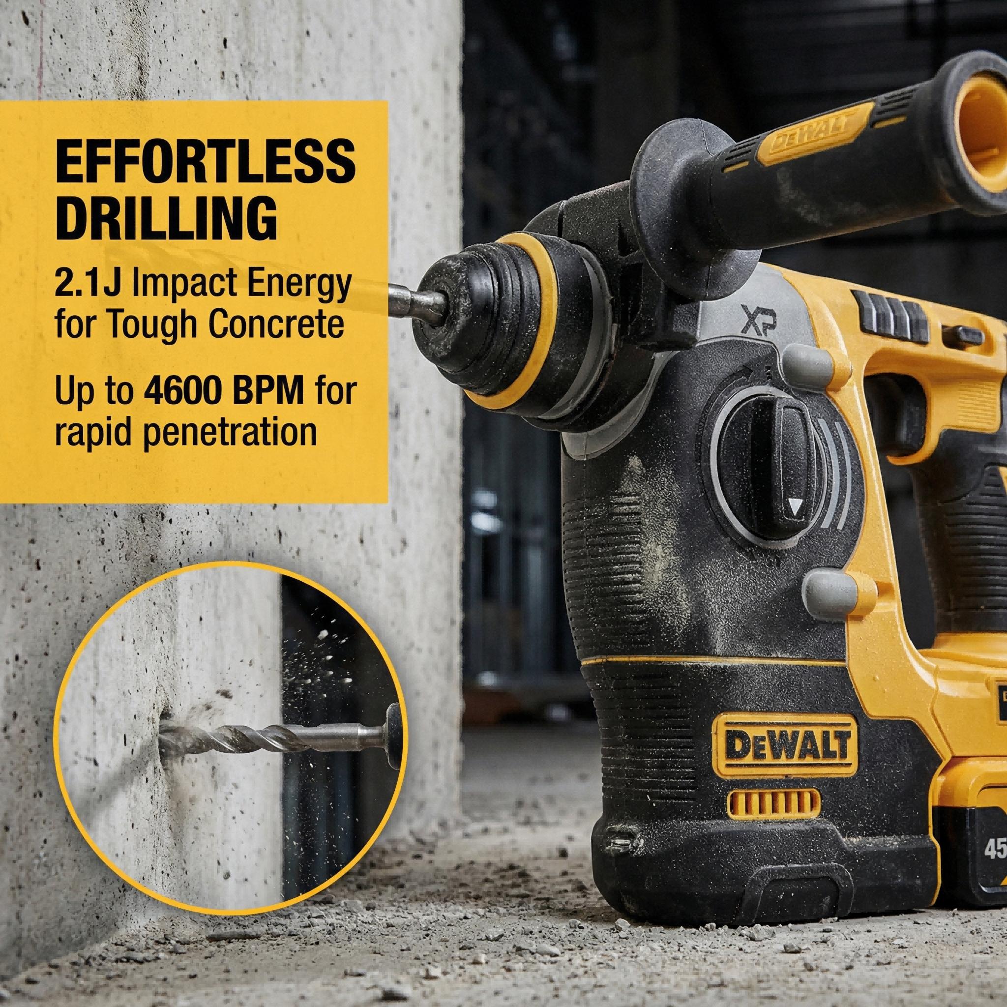 DEWALT DCH273 20V Brushless Hammer Drill – 24 mm concrete drilling | 2.4 J impact force | Lightweight 3.1 kg with battery | One charge, ready to use