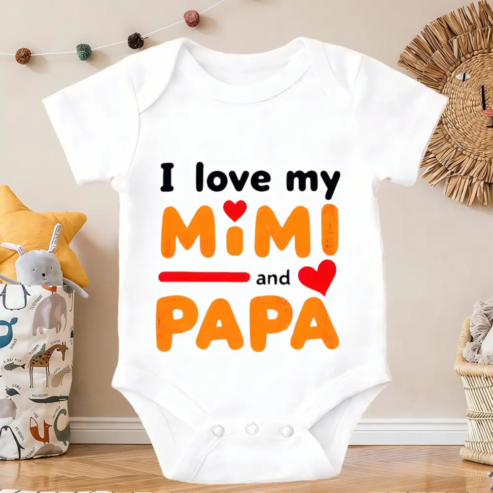 I Love My Mimi And Papa Print Baby Bodysuit Casual Short Sleeve Romper | Breathable for Diaper Changes & Clothing, -Diagnosis for Caregivers - Comfortable Cotton Skin-Friendly toddler boy clothes Spring Summer Fall Outfit, Perfect