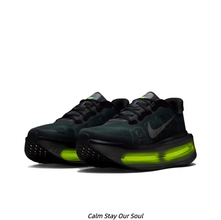 All Black Cushioned Road Running Shoes Lime Green Visible Air Midsole Anti Slip Light Breathable Marathon Training Athletic Sneakers Unisex