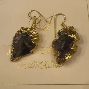 Amethyst Stone Earrings Purple - Elegant Earrings with Natural Black Amethyst Stone and Gold Finish