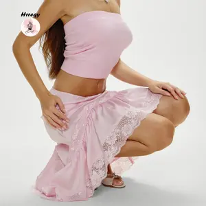 Women's Lace Slip Midi Skirt Fashionable Casual Solid Color Elastic Low Waist Pajamas Skirts