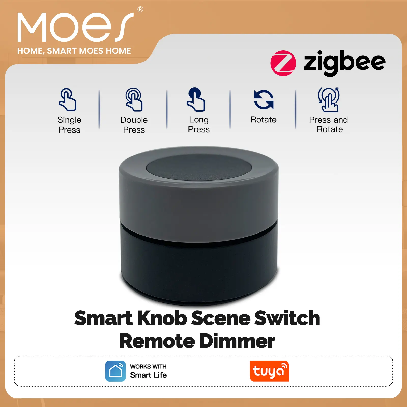 MOES Zigbee Knob Scene Switch - Battery-Powered Remote Dimmer, No Wiring, Stick-Anywhere, Voice Control, Tuya Smart/Smart Life Compatible, 5 Gesture Control (Single Press, Double Click, Long Press, Rotate Left, Rotate Right)