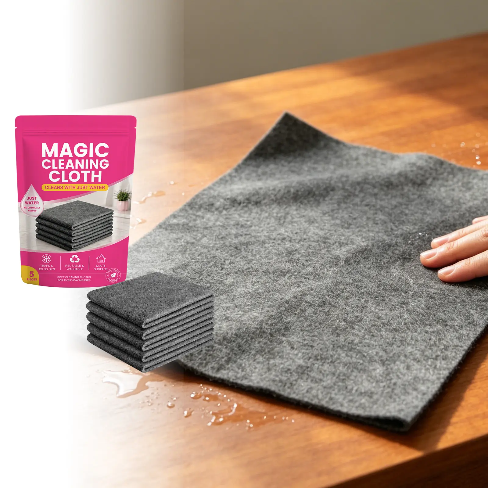 Magic Cleaning Cloth 5 Pack - Cleans with Just Water, No Chemicals Needed, Reusable Streak-Free Microfiber Towels for Kitchen, Car & Multi-Surface
