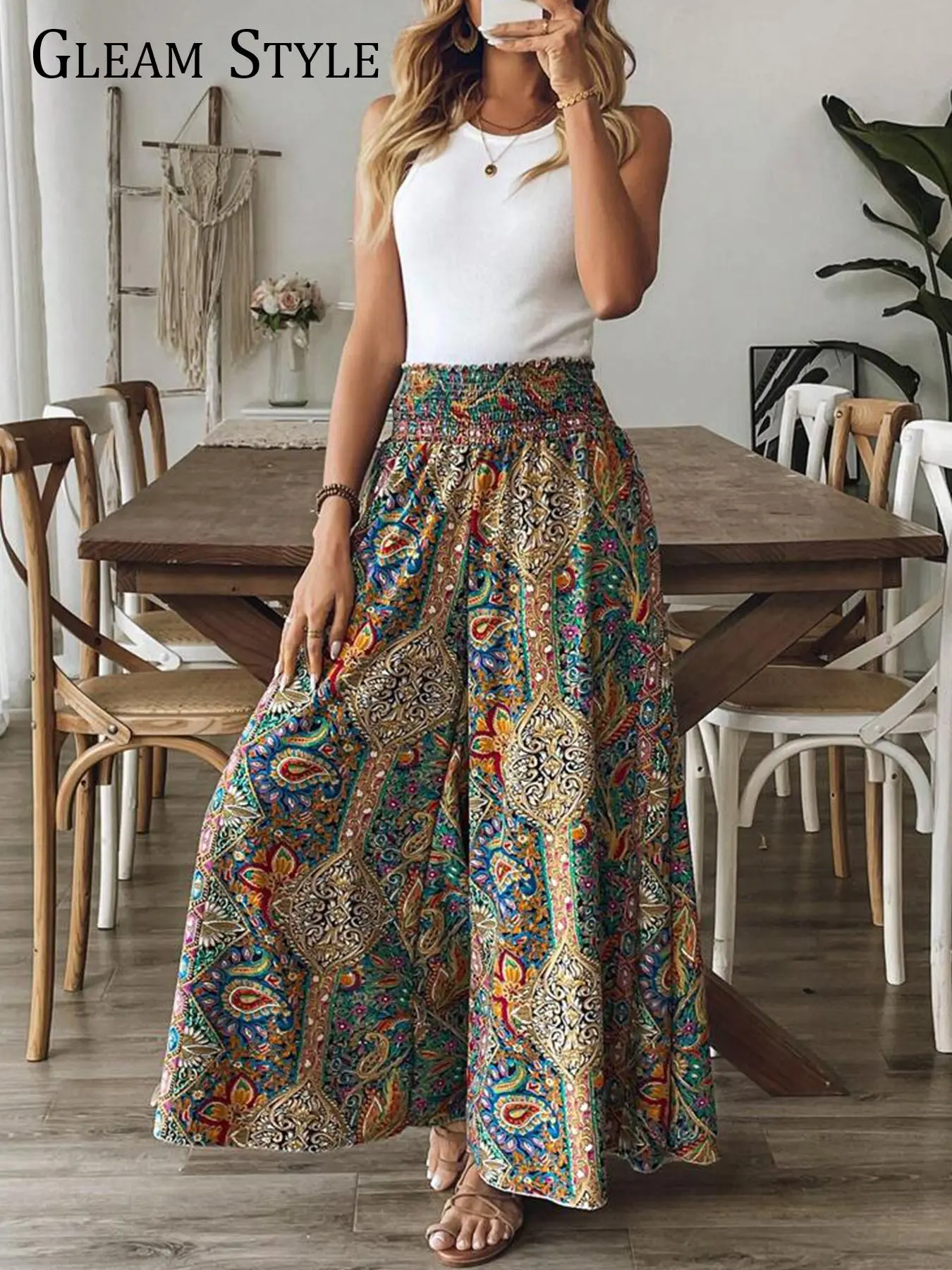 Women's Paisley Print Pants, Comfy Trousers for Daily Wear, Ladies Bottoms for All Seasons, Bohemian Wide Leg Casual Fashion Trousers, Bohemian Boho Trousers, Casual Chic Trousers