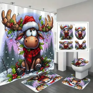 Christmas Neon Cute Reindeer Shower Curtain Set, Non-Slip Mat, U-Shaped Rug, Toilet Lid Cover, Perfect for Bathroom Decor, Includes 12 Hooks