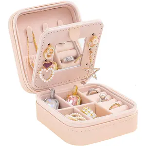 Travel jewelry case Travel jewelry box Travel Jewelry Organizer Small box Gift for Girls Women with Mirror(Pink)