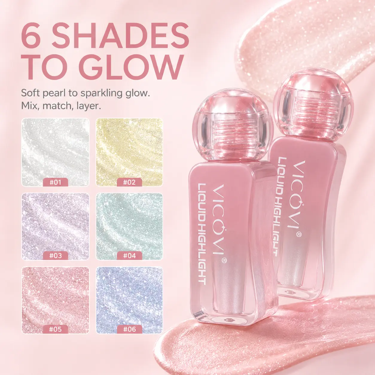 Glow Drops Liquid Highlighter, 6 Color Set, Pearl White Purple Yellow Green Pink Blue, Shimmer Face Luminizer, Dewy Illuminating Glow, Natural Radiant Finish, Buildable Liquid Glow, All Skin Tones, Body Face Makeup, Vegan Paraben Free
