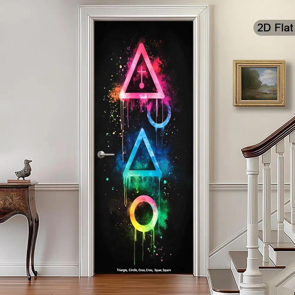 2D Flat Triangle Door Stickers, Round Wall Decor, Self-Adhesive Cross Door Stickers, Square Door Decals, Ideal for Home Decor