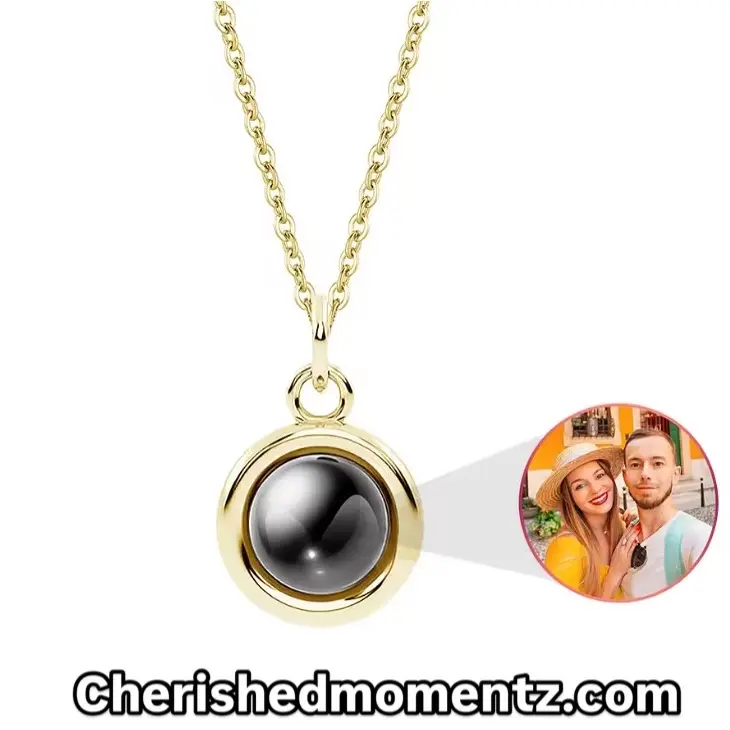 Cherished Momentz Custom Photo Projection Necklace - Gold with Black Pendant and Chain