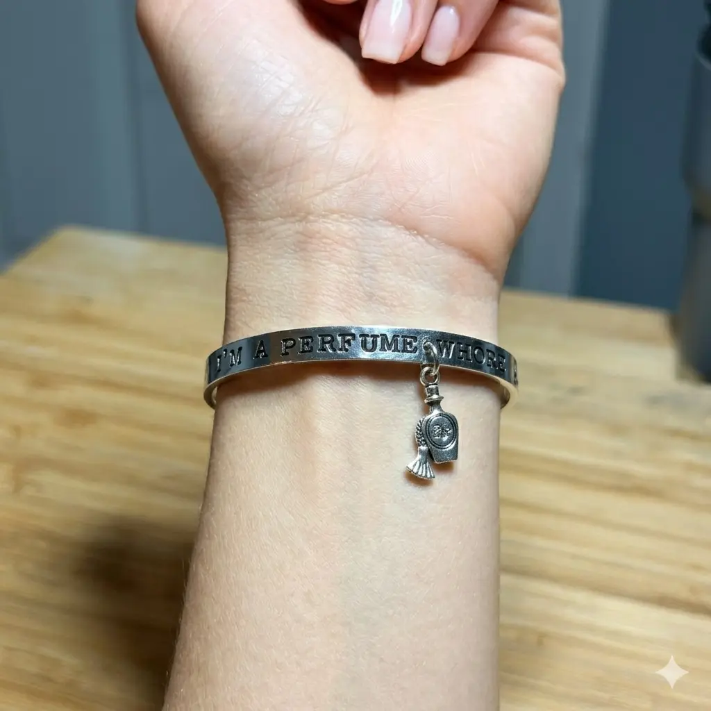 "I’m a perfume whore" Hand-stamped, high-quality aluminum, bracelet
