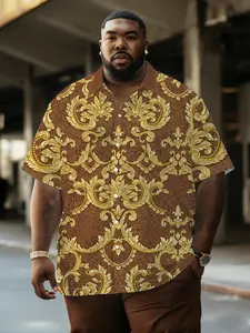 Men's Gold Baroque Print Shirt, Vintage Luxury Plus Size, Summer Breathable Casual Daily Wear, Loose-Fitting All over Print