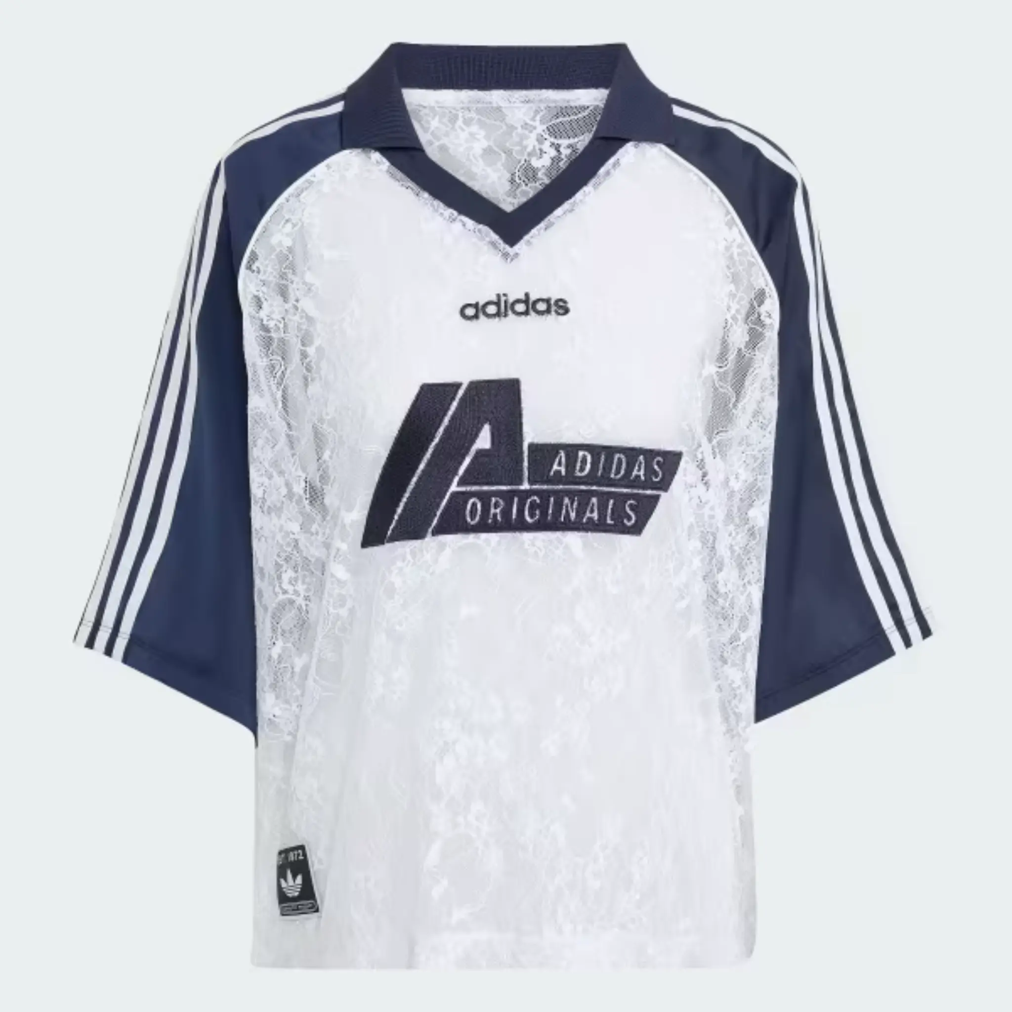 Adidas Originals Women's Elegant Lace Jersey - Sporty Chic Football Fashion Apparel, 85% Polyester 15% Elastane, White, KD2275, Imported, Loose-Fitting, Female, Maximum Style Impact, Soccer-Inspired Graphics