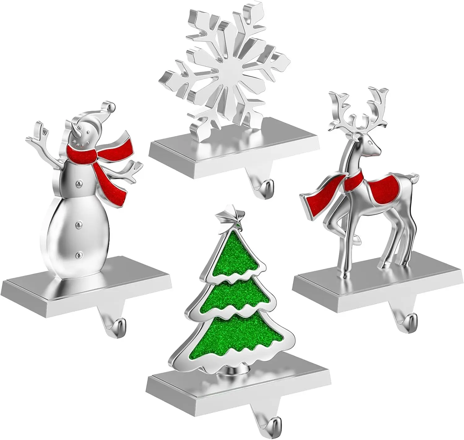 4 Pack Christmas Stocking Holders for Mantle Stockings Hanger | Set of 4, Snowflake Snowman Tree Deer Reindeer Heavy Weighted Hooks for Mantel Fireplace Windows Indoor Decorations Silver