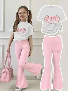 Girls' 'god Is Good' Sweet Cool Bell Bottoms Set, Round Neck Short Sleeve & Bell Pants, Casual Fit, All Seasons, Baby Girl Clothes