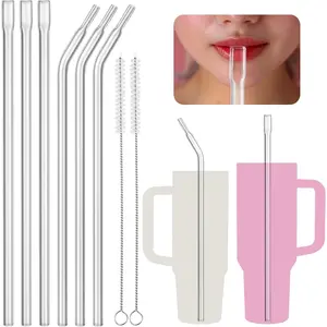 6PCS Reusable 12" Anti-Wrinkle Flat Tip Borosilicate Glass Straws for 30oz & 40oz Stanley Cups, Straight & Bent Set, Reduces Lip Lines, Eco-Friendly, Dishwasher Safe, Non-Toxic Drinking Straws