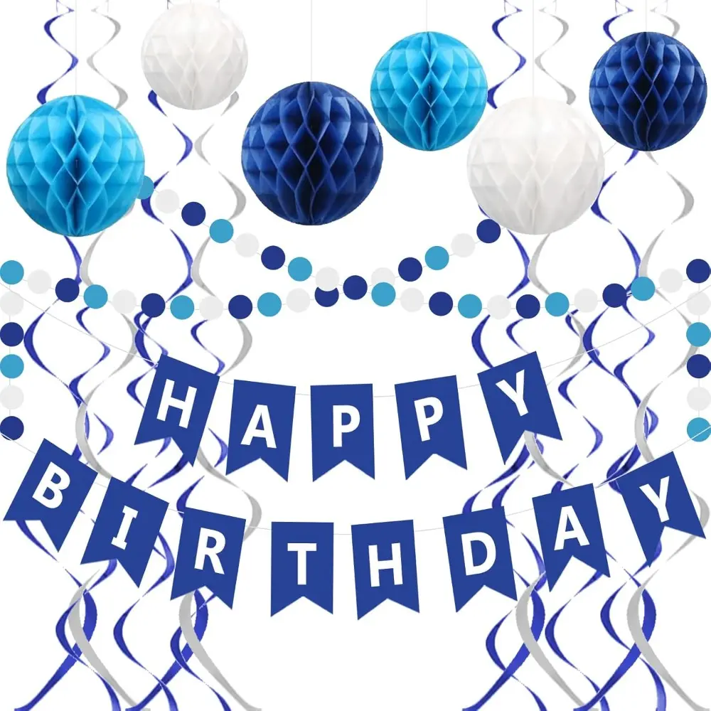 Blue Birthday Decorations-Navy Blue Happy Birthday Banner With 6 Honeycomb Balls, 6 Metallic Hanging Swirls and Circle Dot Garland Decorations For Men and Boys Birthday Party