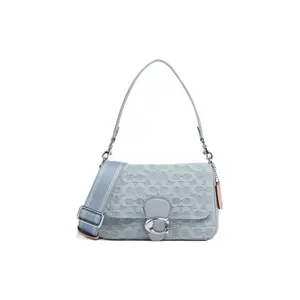 COACH Soft Tabby 26 Medium Women's Blue Fabric Messenger Bag with Silver Logo Embossed Floral Print