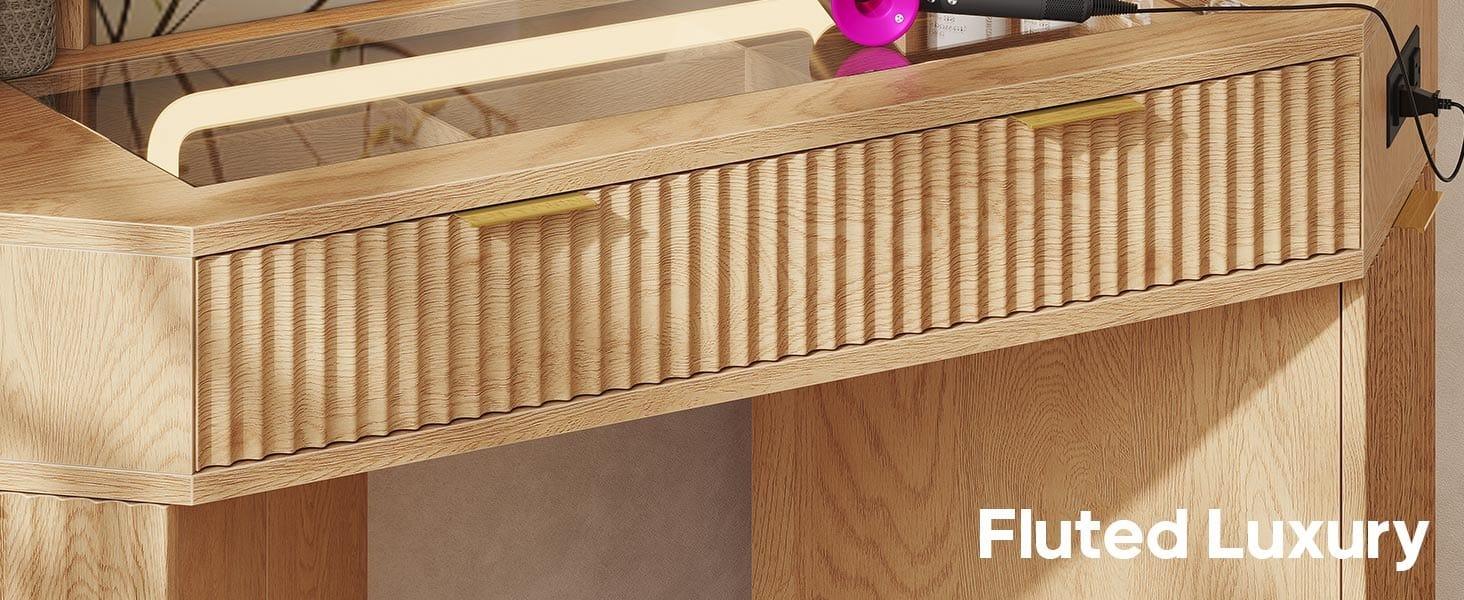 Sikaic Makeup Vanity with Sound Sync LED Lights and Glass Top Luxury Fluted Wooden Corner Vanity Desk with Mirror, Power Outlet, Shelves, Drawers and Cabinets