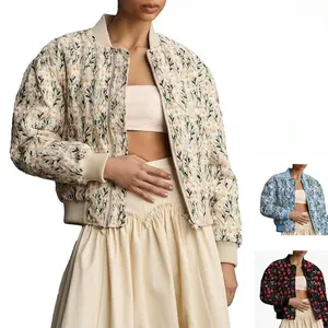 Women’s Embroidered Daisy Cropped Bomber Jacket - Quilted Puffer Long Sleeve Outerwear, Warm Lightweight Soft Lining, Casual Streetwear Daily Outings Design, Machine Washable Fashion Bomber