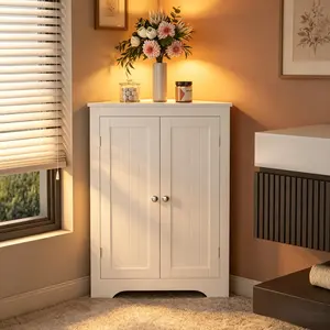 Floor Corner Cabinet with 2 Doors and Adjustable Shelves, Freestanding Narrow Cabinet Organizer, Corner Storage Cabinets for Bathroom, Kitchen, Living Room, or Bedroom, White    RR