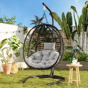 Indoor Outdoor Hanging Egg Chair, Single Person Folding Egg Chair with Metal Stand, Adjustable Anti-Slip Feet, Wicker Hammock Swing Chair for Balcony, Garden (Black+ Gray,)