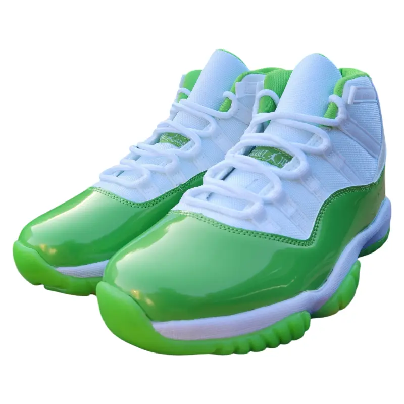 High-top basketball trainers perfect for gym workouts, outdoor basketball games and casual street hangouts, ultra-light perforated patent mesh leather bright green white silhouette, open ankle airflow ventilation channels