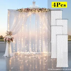 4 Panels 5ft x 10ft White Sheer Tulle Backdrop Curtains with 9.8ft Warm White Lights for Weddings Birthdays Banquets Decorations