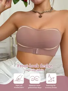 Women's strapless wireless push-up bra, front side-lift design, soft and skin-friendly, seamless vest style with non-slip silicone, suitable for daily, casual and sports wear, ideal for off-shoulder, parties and dresses, includes free transparent straps