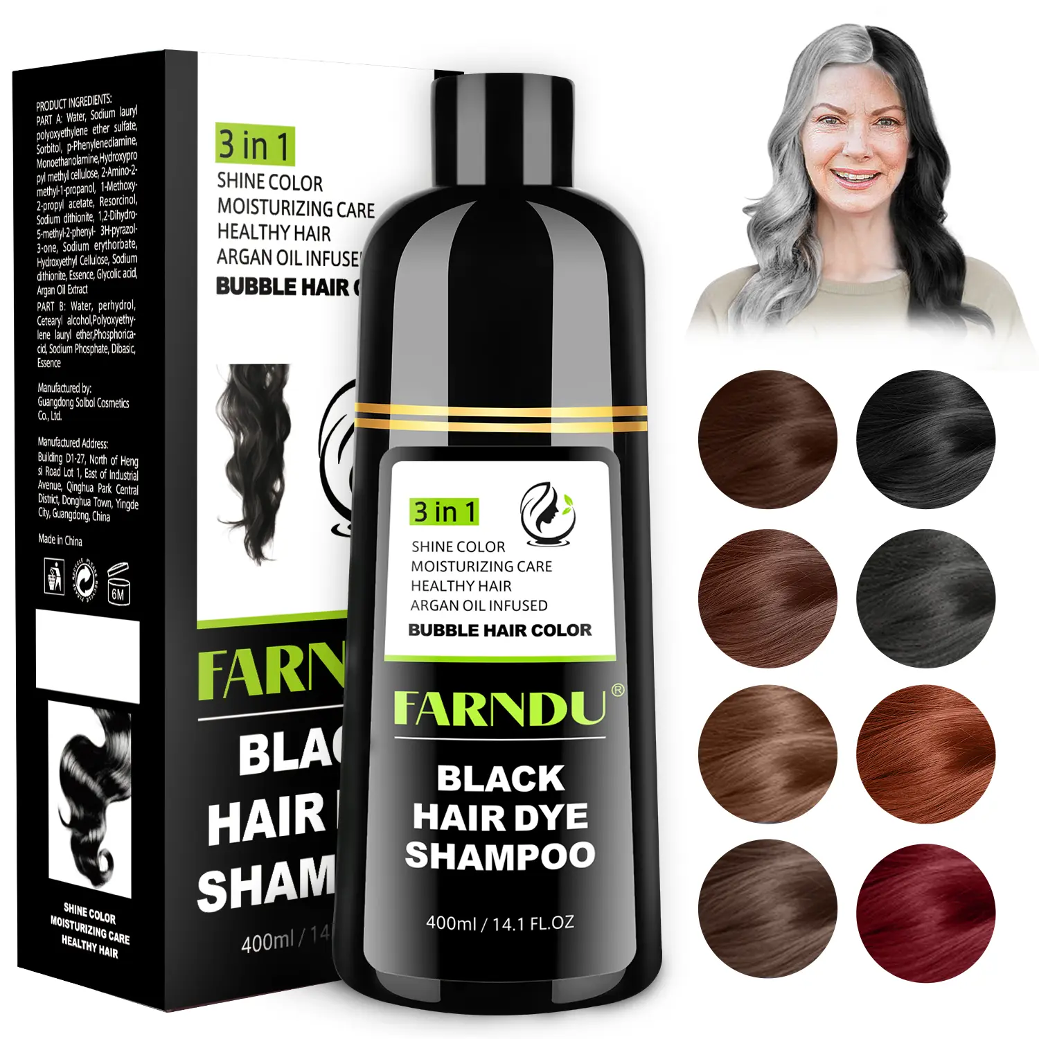 FARNDU Hair Dye Shampoo, Gray Coverage, 3 in 1 (+Shampoo+Conditioner), 10 Minute Color for Men & Women, All Hair Types, Long Lasting, 400ml