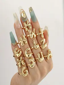Cute Bubble 26 Letter Rings, Women's Balloon Plated Gold A-Z Letter Adjustable Open Rings, Beautiful Wedding Jewelry Gift, Elegant Everyday Ring
