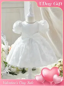 Baby Girl Summer Princess Style Fairy Sparkling Butterfly White Dress, Bubble Sleeve Large Bow Decoration, Sparkling Butterfly Embroidery, Baby Girl Princess Dress, Suitable for Party and Festival Occasions, Baby Girl Clothes