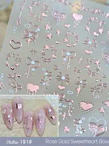 Fashionable Sweetheart Bow Nail Art Sticker, Heart Butterfly Hand Drawn Relief Nail Decal, Easy Peel-And-Stick DIY Holiday Decorations
