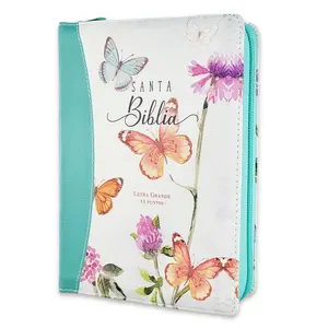 Bible in Spanish for Women Letter 11 points with zipper Reina Valera 1960 imitation leather white and turquoise floral with butterflies and index