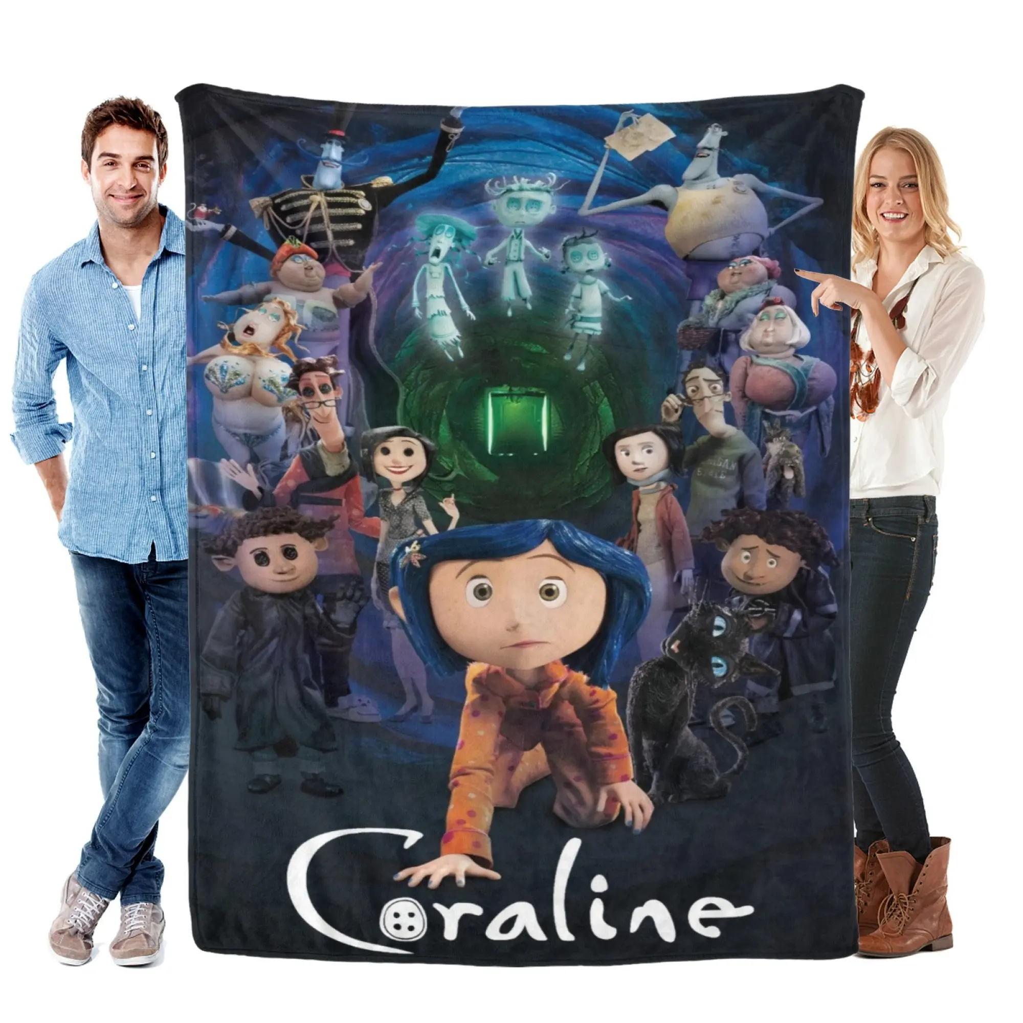 Coraline Group Character Poster Flannel Blanket, Classic Coraline Other World Cartoon Characters Graphic Soft Throw for Bedroom Dorm Back to School Camping, Spooky Gothic Home Decor, Ideal Xmas Halloween Birthday Gift for Coraline Movie Lovers